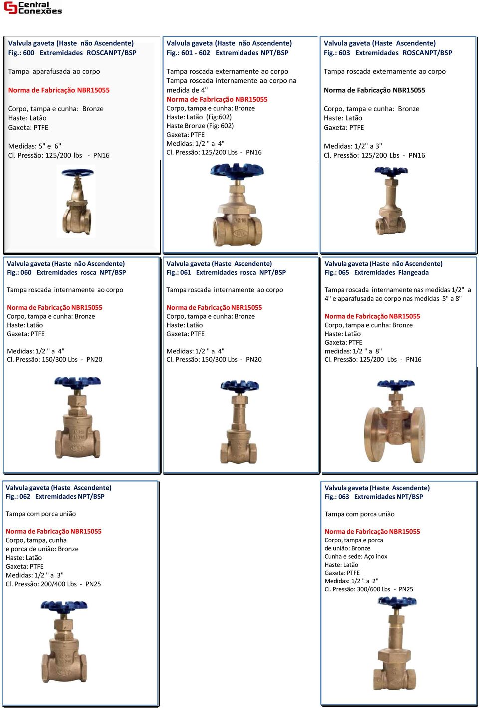 : 603 Extremidades ROSCANPT/BSP Tampa roscada externamente ao corpo Medidas: 1/2" a 3" Fig.: 060 Extremidades rosca NPT/BSP Fig.: 061 Extremidades rosca NPT/BSP Fig.