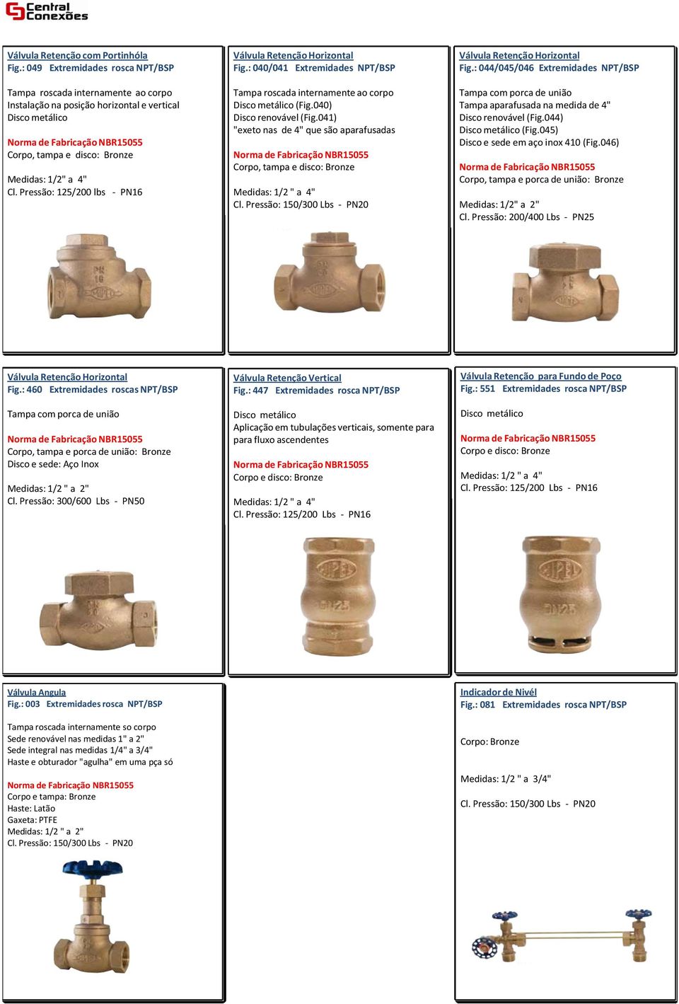 : 460 Extremidades roscas NPT/BSP Disco e sede: Aço Inox Cl. Pressão: 300/600 Lbs - PN50 Válvula Retenção Vertical Fig.