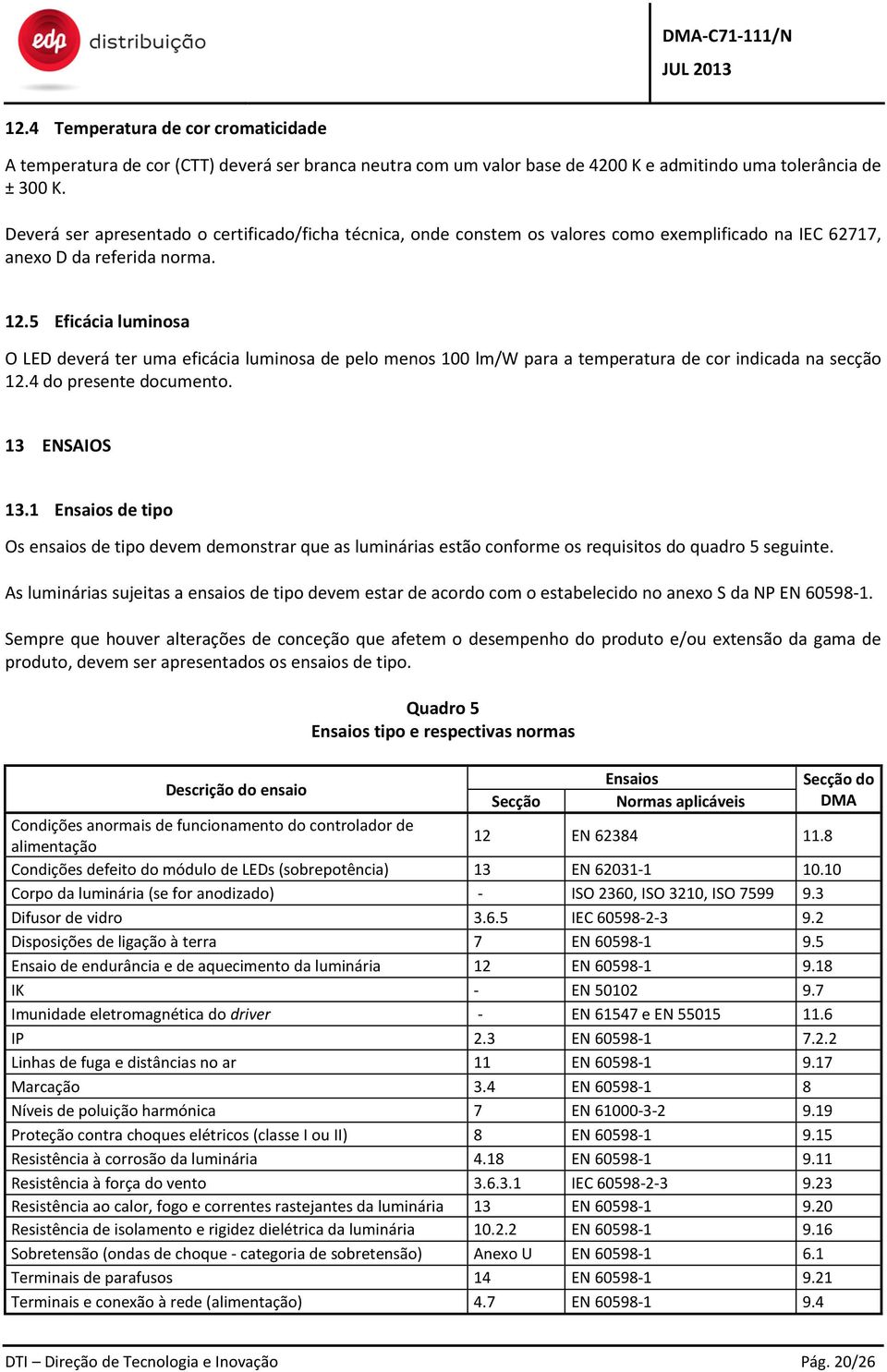 5 Eficácia luminosa O LED deverá ter uma eficácia luminosa de pelo menos 100 lm/w para a temperatura de cor indicada na secção 12.4 do presente documento. 13 ENSAIOS 13.