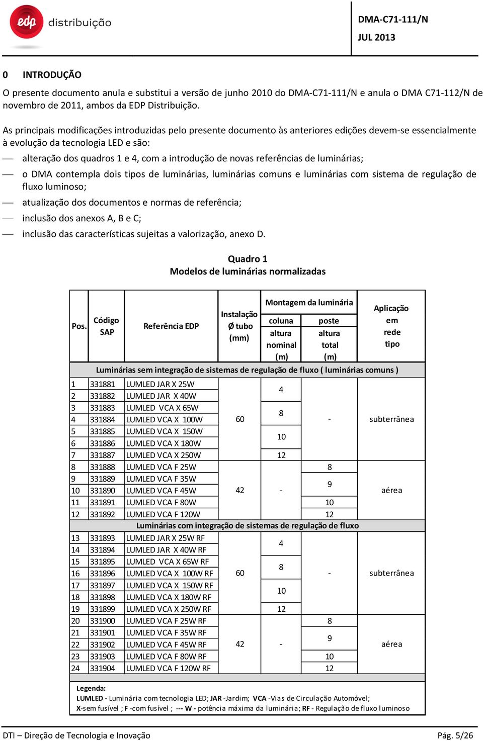 novas referências de luminárias; o DMA contempla dois tipos de luminárias, luminárias comuns e luminárias com sistema de regulação de fluxo luminoso; atualização dos documentos e normas de