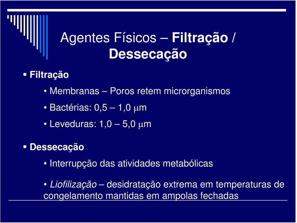 Dessecação Interrupção das atividades metabólicas Liofilização