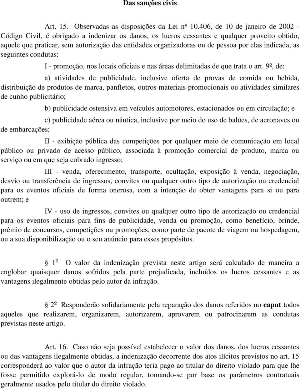 pessoa por elas indicada, as seguintes condutas: I - promoção, nos locais oficiais e nas áreas delimitadas de que trata o art.