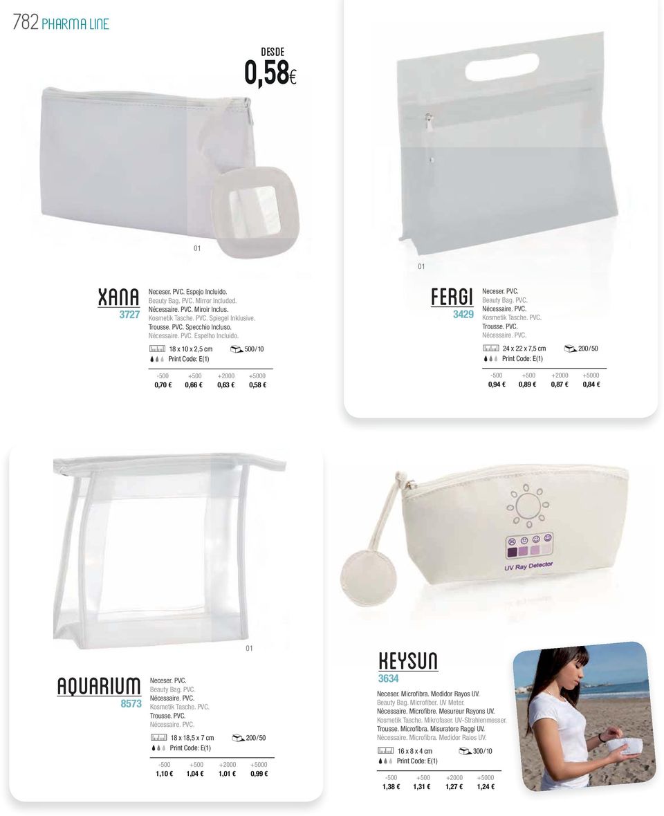 PVC. Beauty Bag. PVC. Nécessaire. PVC. Kosmetik Tasche. PVC. Trousse. PVC. Nécessaire. PVC. 18 x 18, 5 x 7 cm 200 / 50 Keysun 3634 Neceser. Microfibra. Medidor Rayos UV. Beauty Bag. Microfiber.