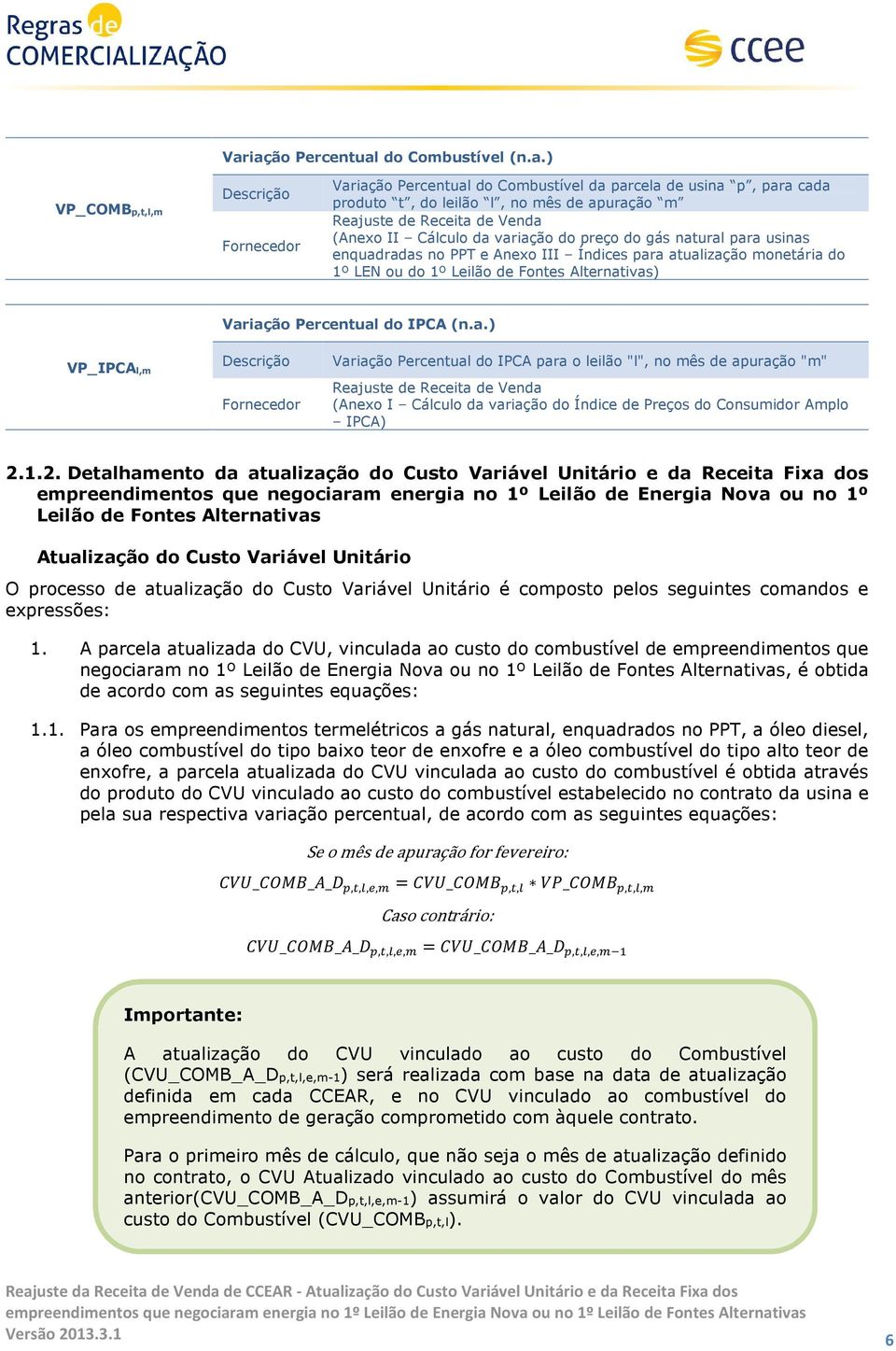 Percentual do IPCA (n.a.) VP_IPCAl,m Variação Percentual do IPCA para o leilão "l", no mês de apuração "m" Reajuste de Receita de Venda (Anexo I Cálculo da variação do Índice de Preços do Consumidor Amplo IPCA) 2.