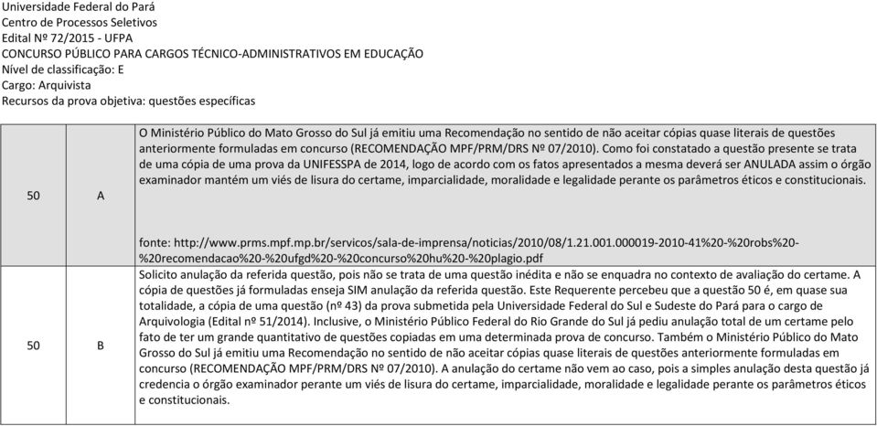 Como foi constatado a questão presente se trata de uma cópia de uma prova da UNIFESSPA de 2014, logo de acordo com os fatos apresentados a mesma deverá ser ANULADA assim o órgão examinador mantém um