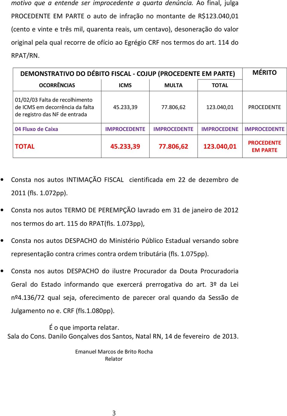 DEMONSTRATIVO DO DÉBITO FISCAL - COJUP (PROCEDENTE EM PARTE) OCORRÊNCIAS ICMS MULTA TOTAL MÉRITO 01/02/03 Falta de recolhimento de ICMS em decorrência da falta de registro das NF de entrada 45.