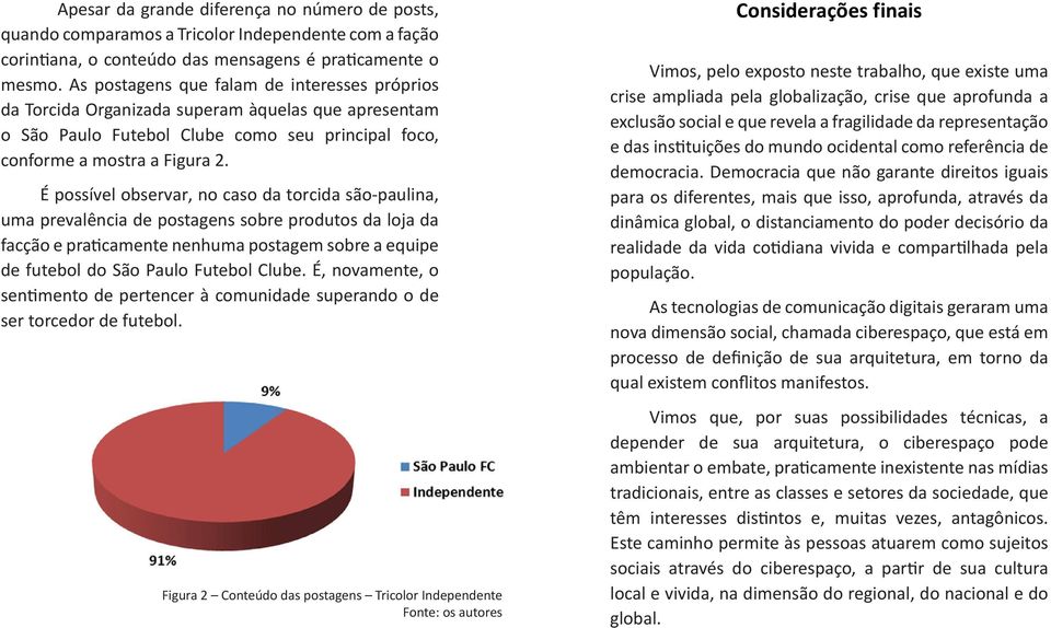 É possível observar, no caso da torcida são-paulina, uma prevalência de postagens sobre produtos da loja da facção e praticamente nenhuma postagem sobre a equipe de futebol do São Paulo Futebol Clube.