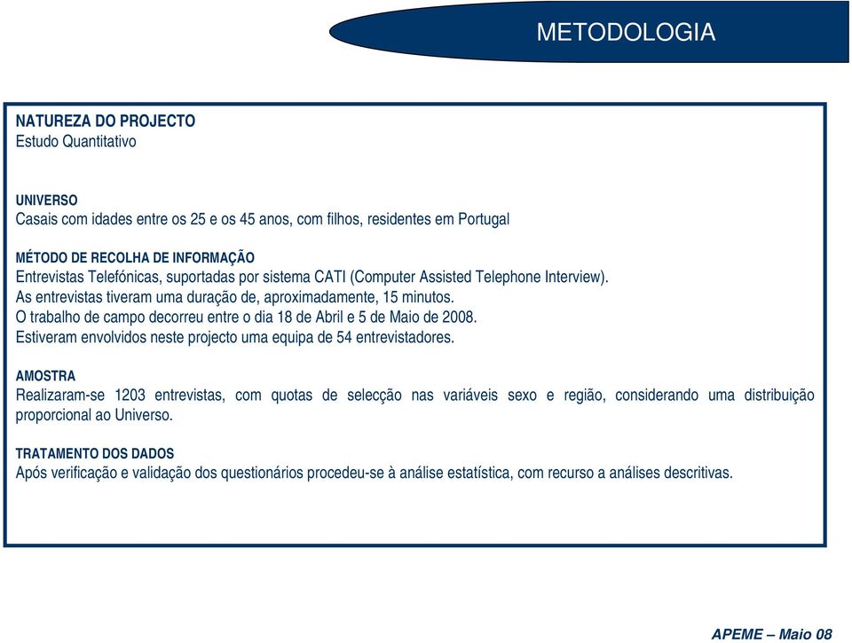 O trabalho de campo decorreu entre o dia 18 de Abril e 5 de Maio de 2008. Estiveram envolvidos neste projecto uma equipa de 54 entrevistadores.