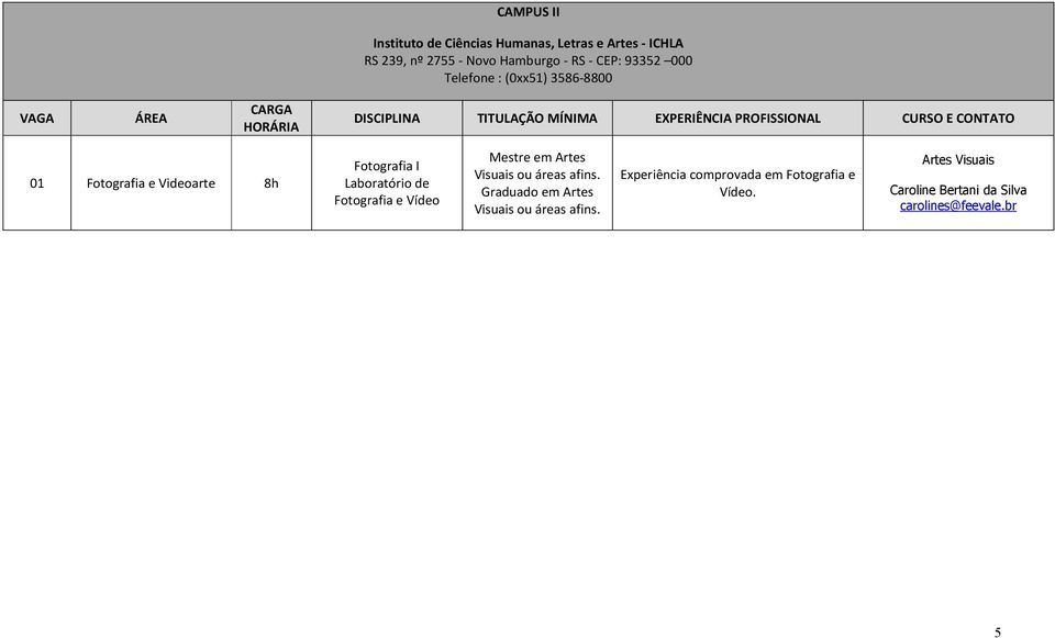 em Artes Visuais ou áreas afins. Artes Visuais ou áreas afins. Experiência comprovada em Fotografia e Vídeo.