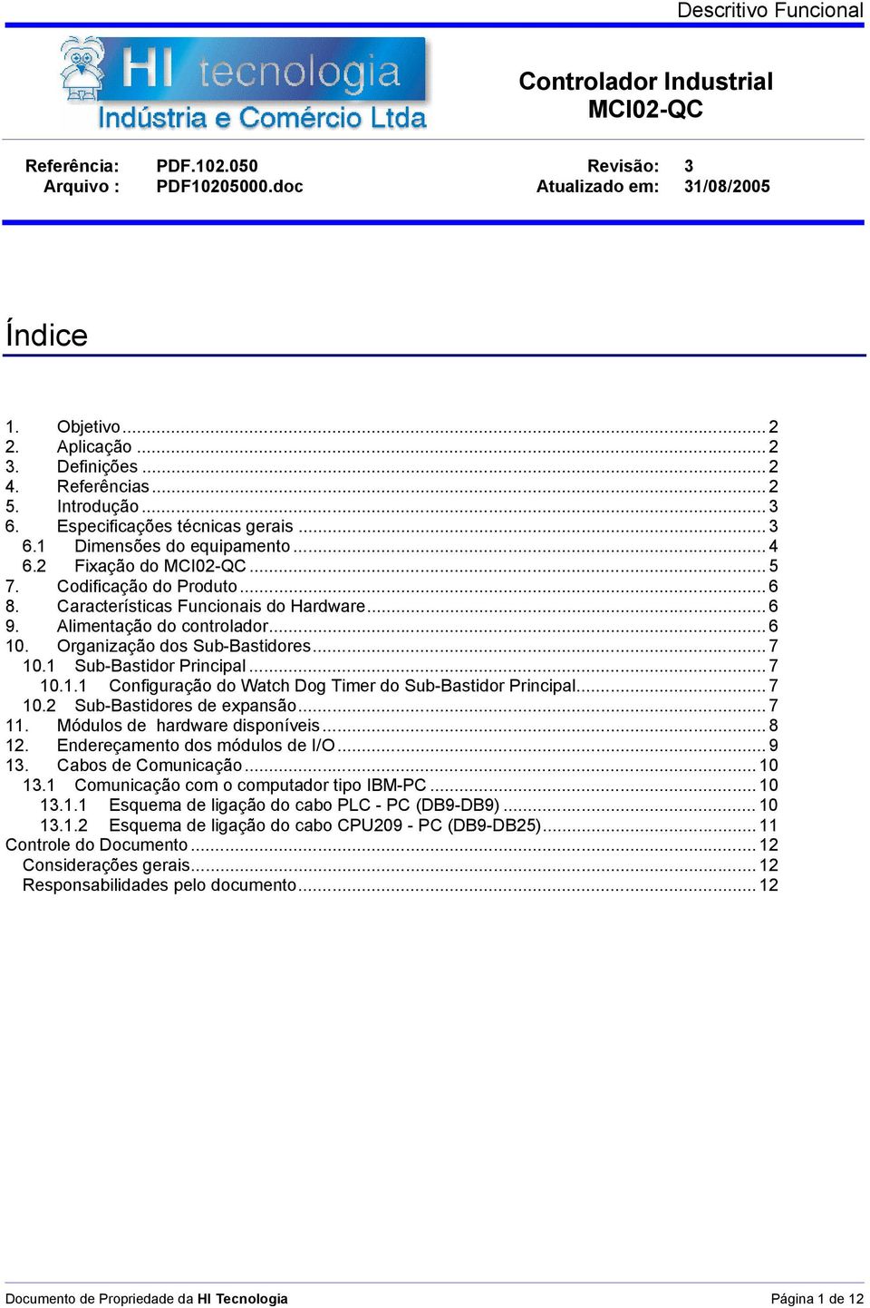 Características Funcionais do Hardware... 6 9. Alimentação do controlador...6 10. Organização dos Sub-Bastidores... 7 10.1 Sub-Bastidor Principal...7 10.1.1 Configuração do Watch Dog Timer do Sub-Bastidor Principal.