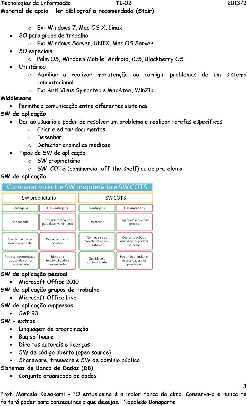 usuário o poder de resolver um problema e realizar tarefas específicas o Criar e editar documentos o Desenhar o Detectar anomalias médicas Tipos de SW de aplicação o SW proprietário o SW COTS