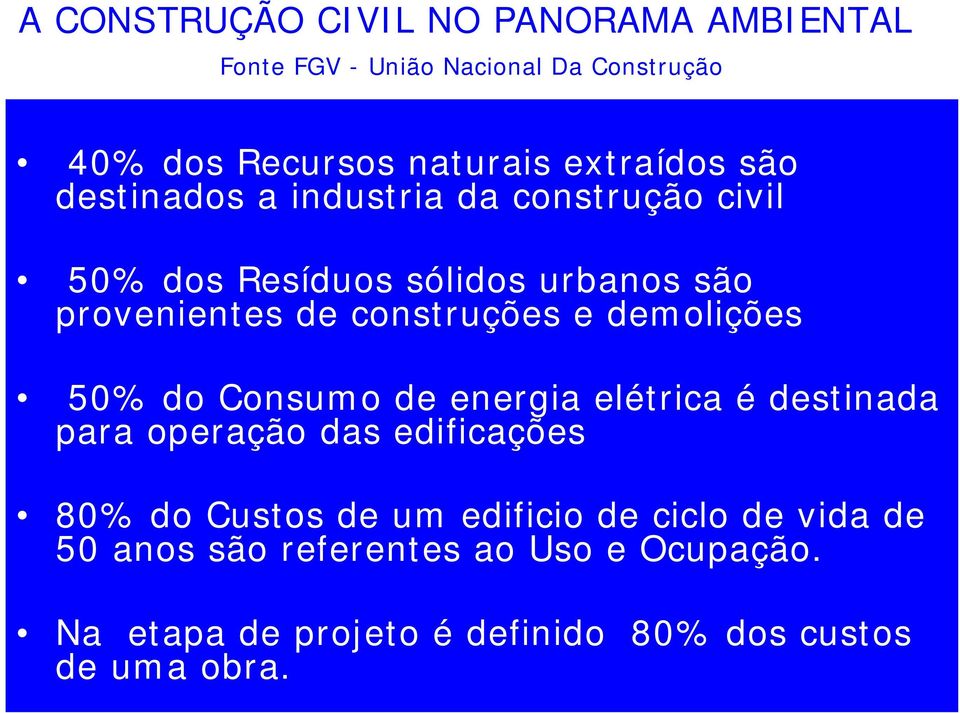 demolições 50% do Consumo de energia elétrica é destinada para operação das edificações 80% do Custos de um edificio