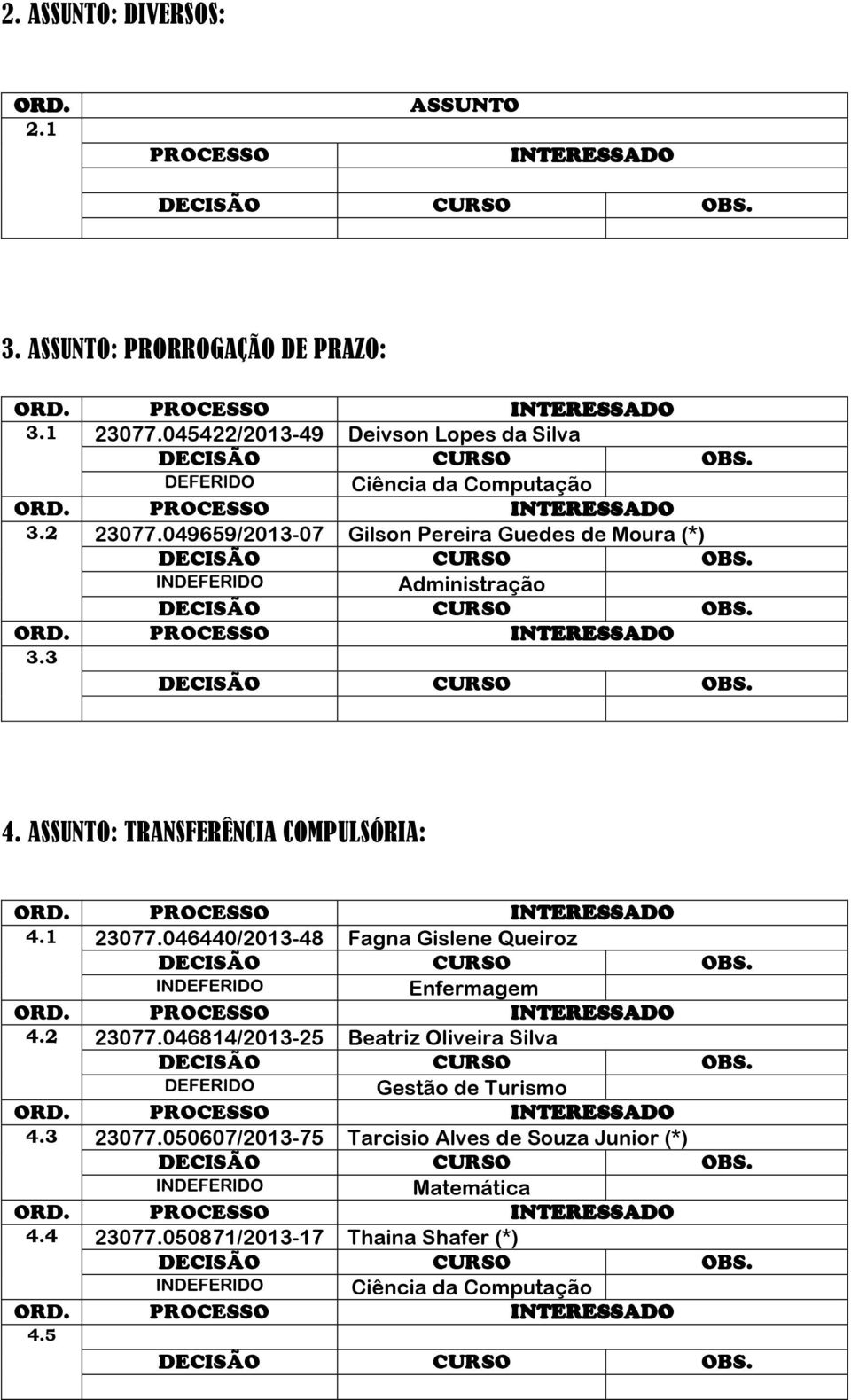 049659/2013-07 Gilson Pereira Guedes de Moura (*) Administração 3.3 4. : TRANSFERÊNCIA COMPULSÓRIA: 4.1 23077.