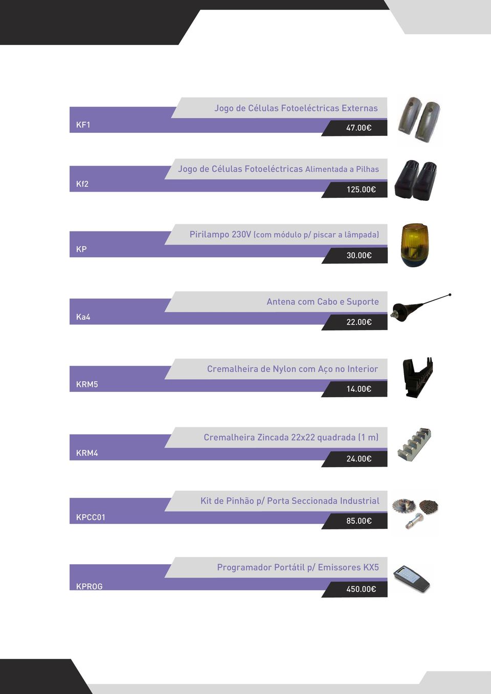00 KP Pirilampo 230V (com módulo p/ piscar a lâmpada) 30.00 Ka4 Antena com Cabo e Suporte 22.