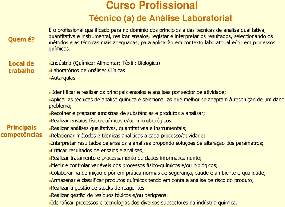 os métodos e as técnicas mais adequadas, para aplicação em contexto laboratorial e/ou em processos químicos.