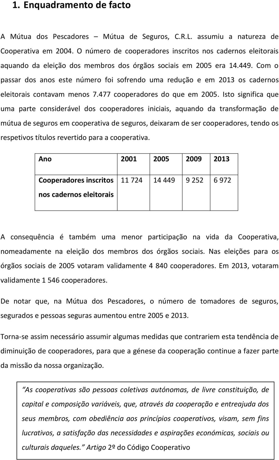 Com o passar dos anos este número foi sofrendo uma redução e em 2013 os cadernos eleitorais contavam menos 7.477 cooperadores do que em 2005.