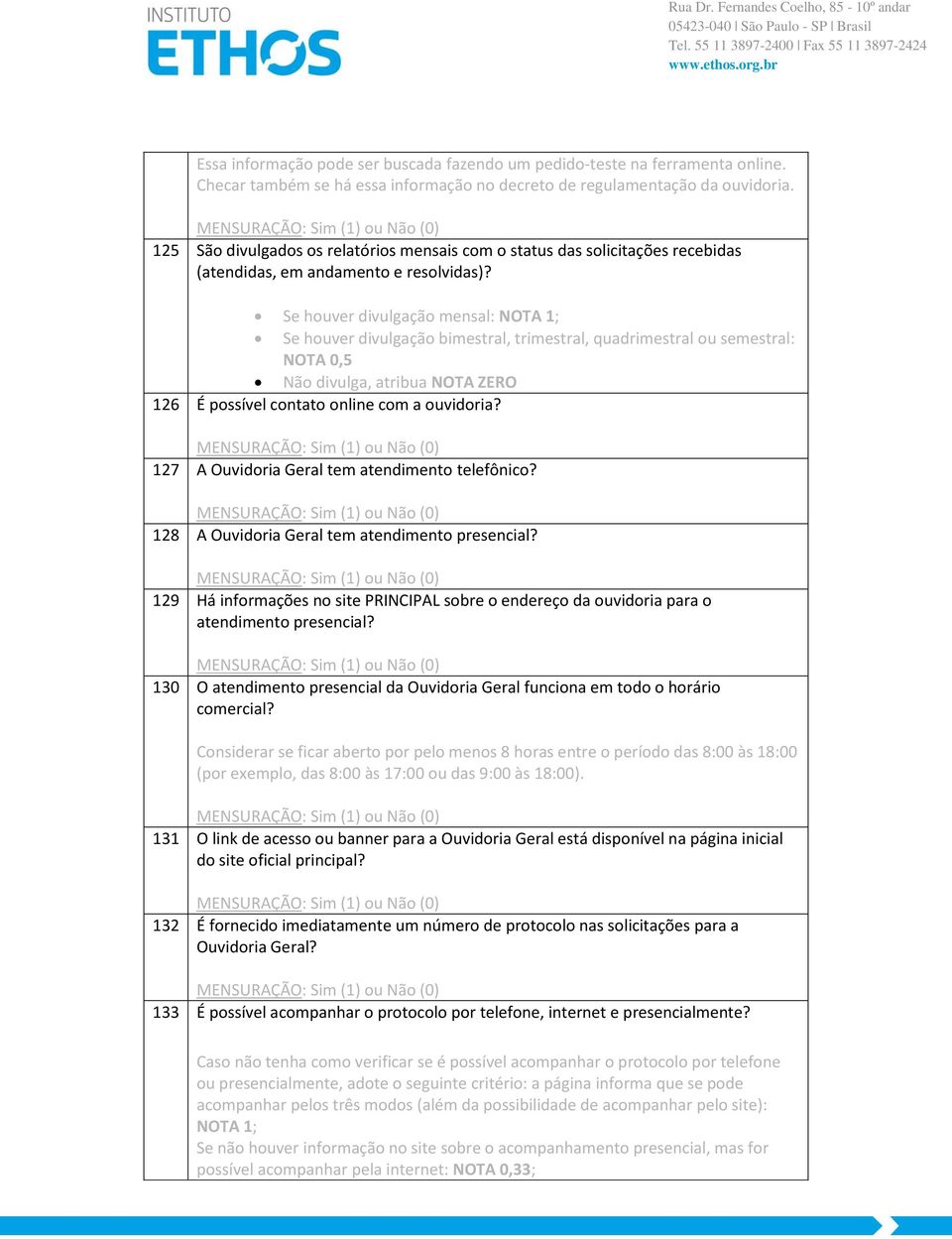 Se houver divulgação mensal: NOTA 1; Se houver divulgação bimestral, trimestral, quadrimestral ou semestral: NOTA 0,5 Não divulga, atribua NOTA ZERO 126 É possível contato online com a ouvidoria?