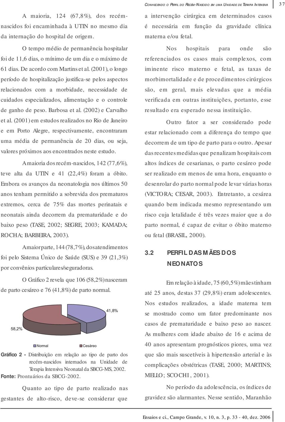 (2001), o longo período de hospitalização justifica-se pelos aspectos relacionados com a morbidade, necessidade de cuidados especializados, alimentação e o controle de ganho de peso. Barbosa et al.