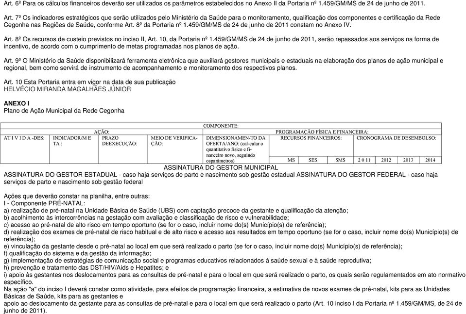 8º da Portaria nº 1.459/GM/MS de 24 de junho de 2011 constam no Anexo IV. Art. 8º Os recursos de custeio previstos no inciso II, Art. 10, da Portaria nº 1.