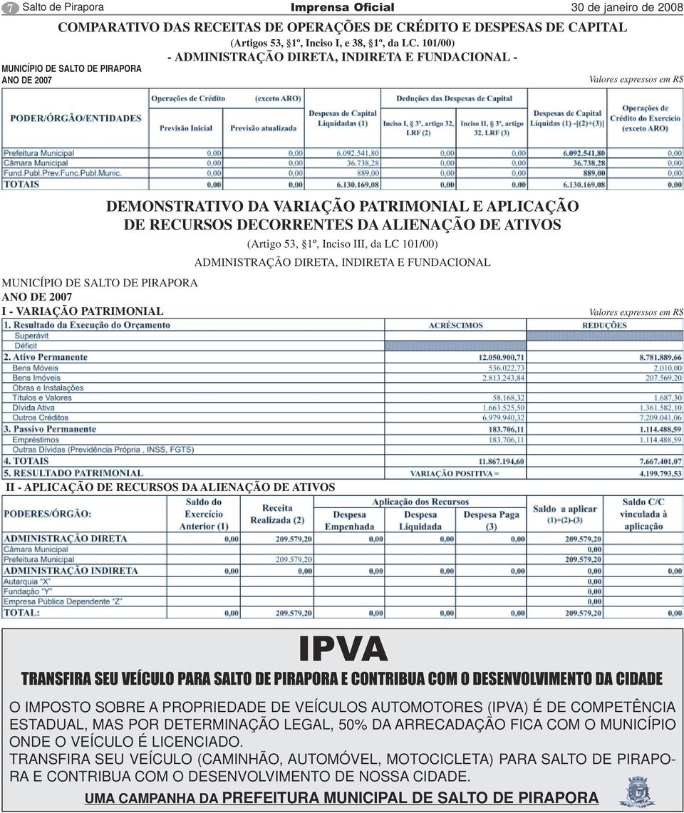 53, 1º, Inciso III, da LC 101/00) ADMINISTRAÇÃO DIRETA, INDIRETA E FUNDACIONAL ANO DE 2007 I - VARIAÇÃO PATRIMONIAL Valores expressos em R$ II - APLICAÇÃO DE RECURSOS DA ALIENAÇÃO DE ATIVOS IPVA