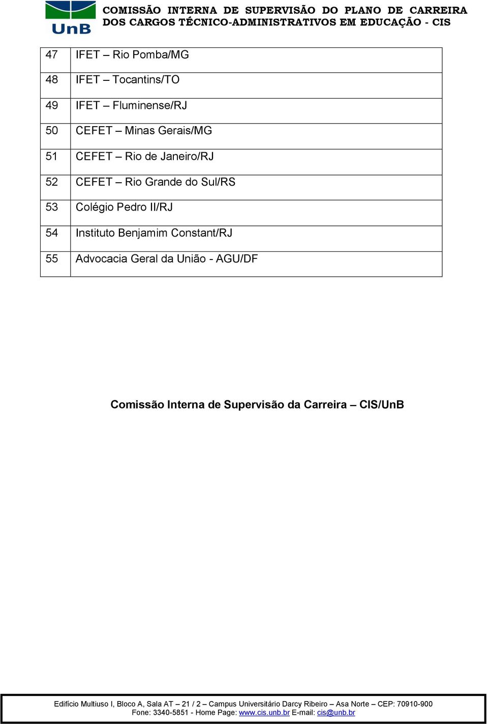 53 Colégio Pedro II/RJ 54 Instituto Benjamim Constant/RJ 55 Advocacia