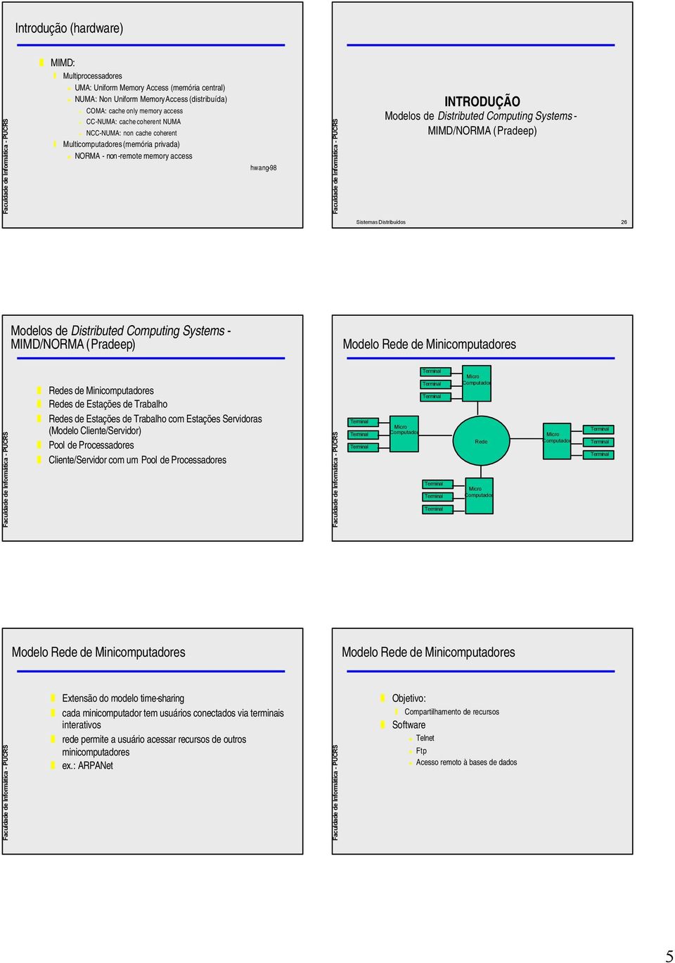 Modelos de Distributed Computing Systems MIMD/NORMA (Pradeep) Modelo Rede de Minicomputadores Redes de Minicomputadores Redes de Estações de Trabalho Redes de Estações de Trabalho com Estações as