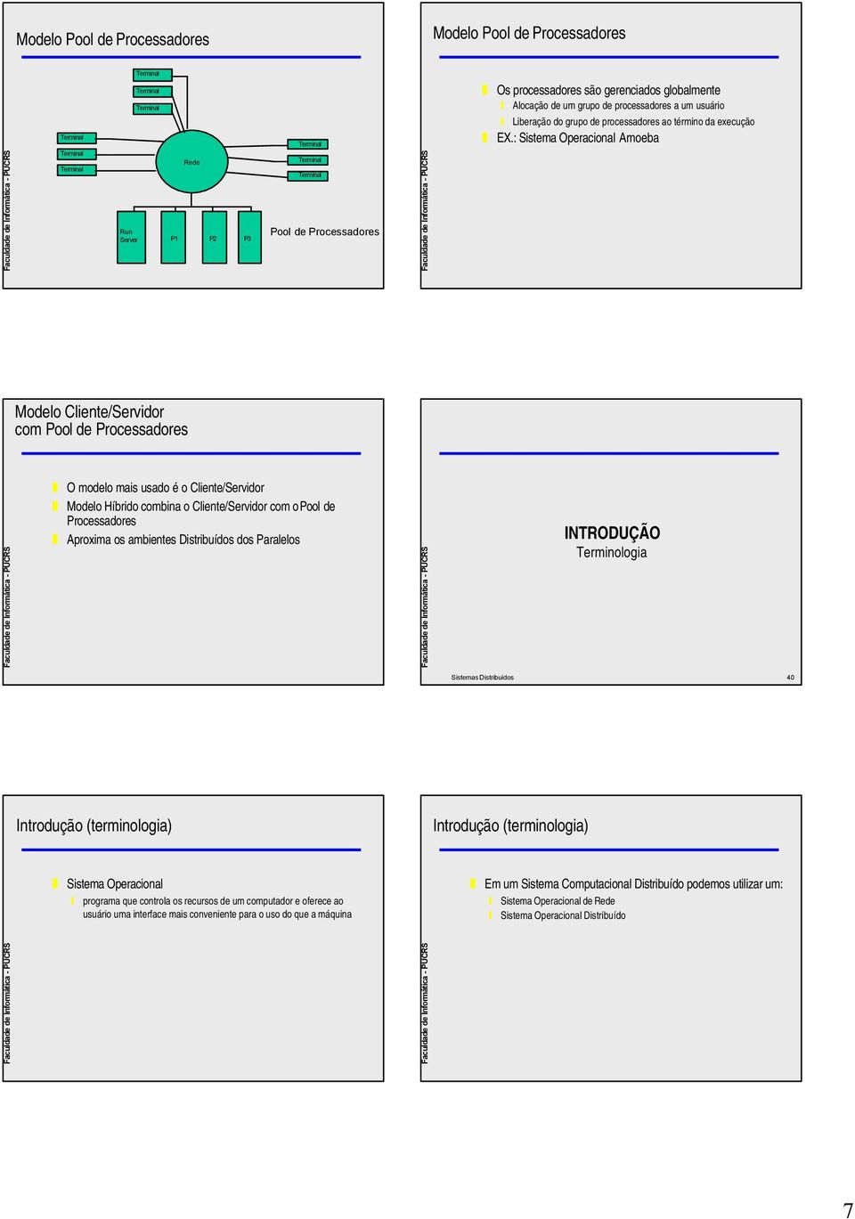 : Sistema Operacional Amoeba Modelo / com Pool de Processadores O modelo mais usado é o / Modelo Híbrido combina o / com o Pool de Processadores Aproxima os ambientes Distribuídos dos Paralelos