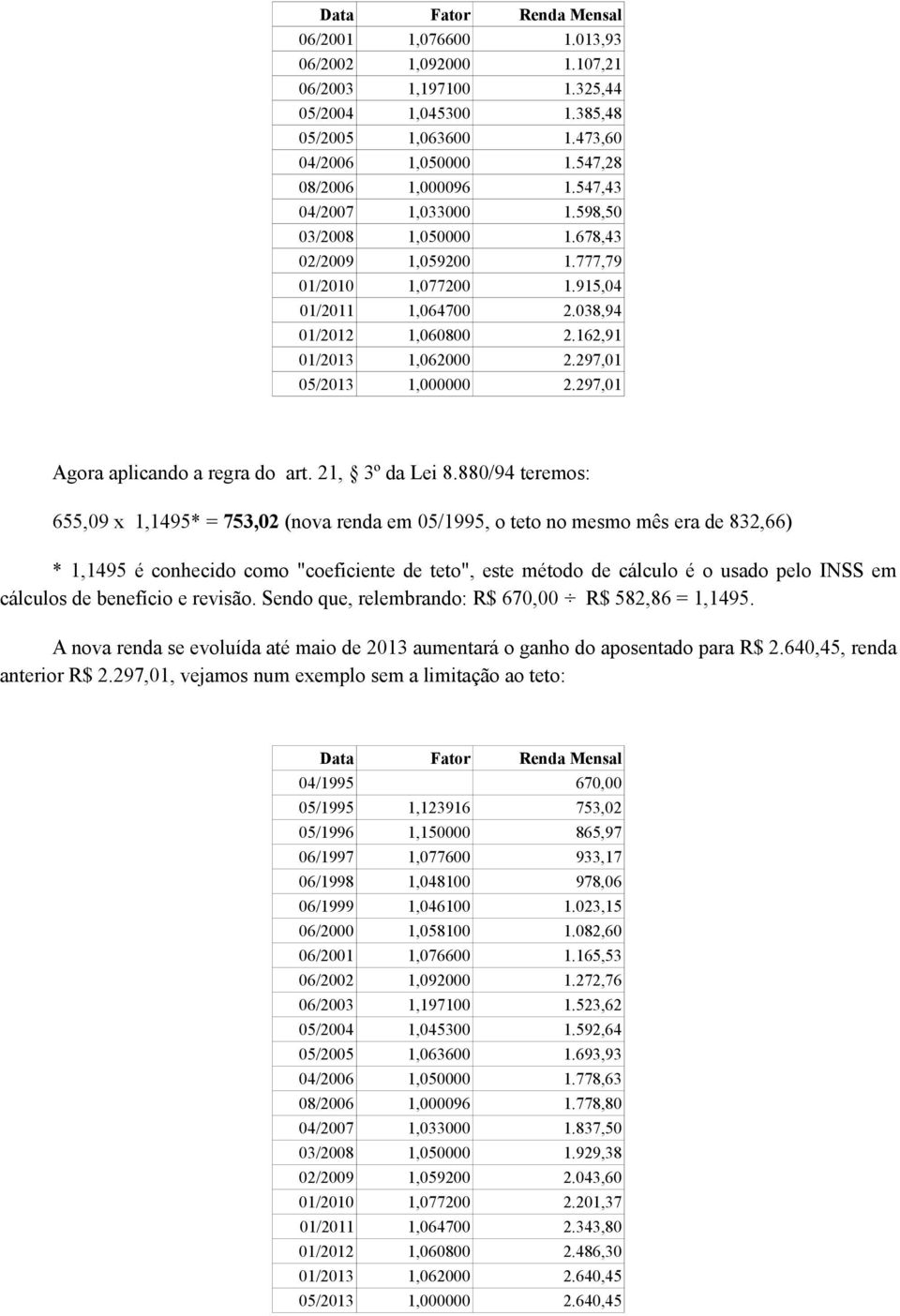 297,01 05/2013 1,000000 2.297,01 Agora aplicando a regra do art. 21, 3º da Lei 8.