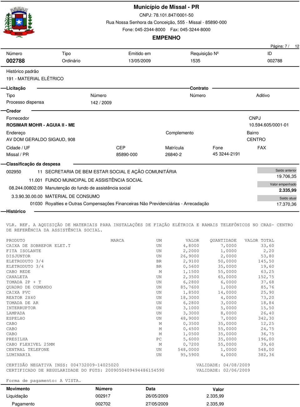 09 Manutenção do fundo de assistência social 3.3.90.30.00.00 MATERIAL DE CONSUMO 19.706,35 2.335,99 17.370,36 VLR. REF.