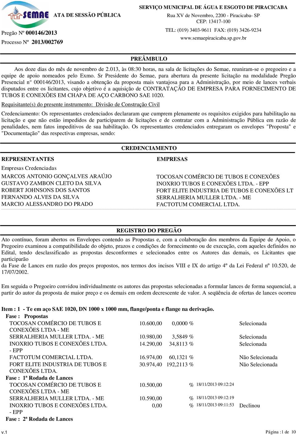 verbais disputados entre os licitantes, cujo objetivo é a aquisição de CONTRATAÇÃO DE EMPRESA PARA FORNECIMENTO DE TUBOS E CONEXÕES EM CHAPA DE AÇO CARBONO SAE 1020.