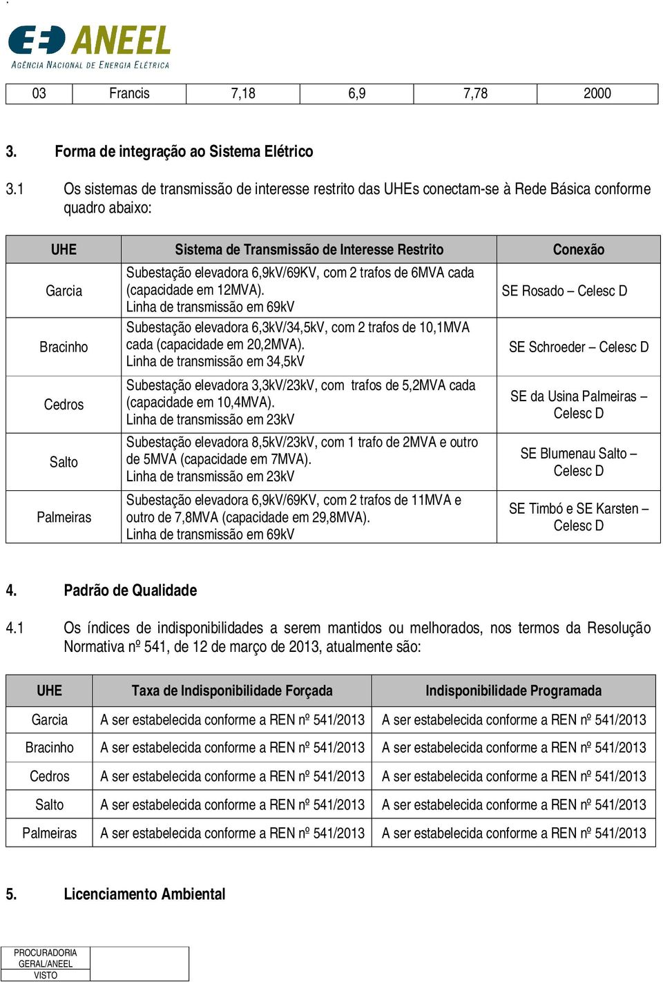 Palmeiras Subestação elevadora 6,9kV/69KV, com 2 trafos de 6MVA cada (capacidade em 12MVA).