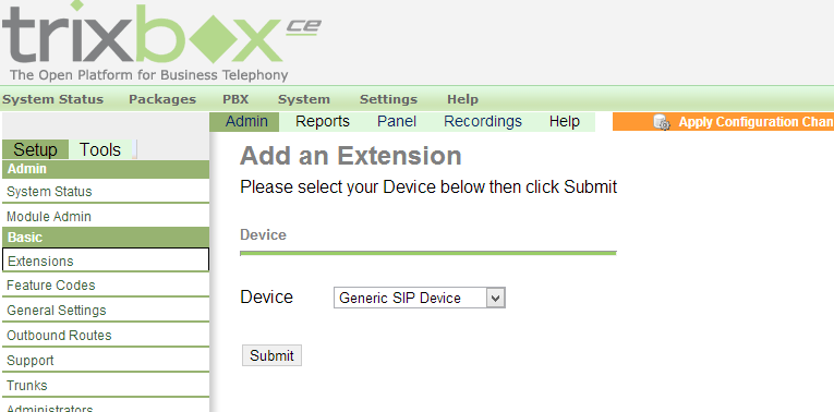 7.4. Criar ramal para teste Na aba PBX clique em PBX Settings e em Extensions Na página de edição da extension escolha em Device a opção Generic SIP Device em seguida clique em Submit.