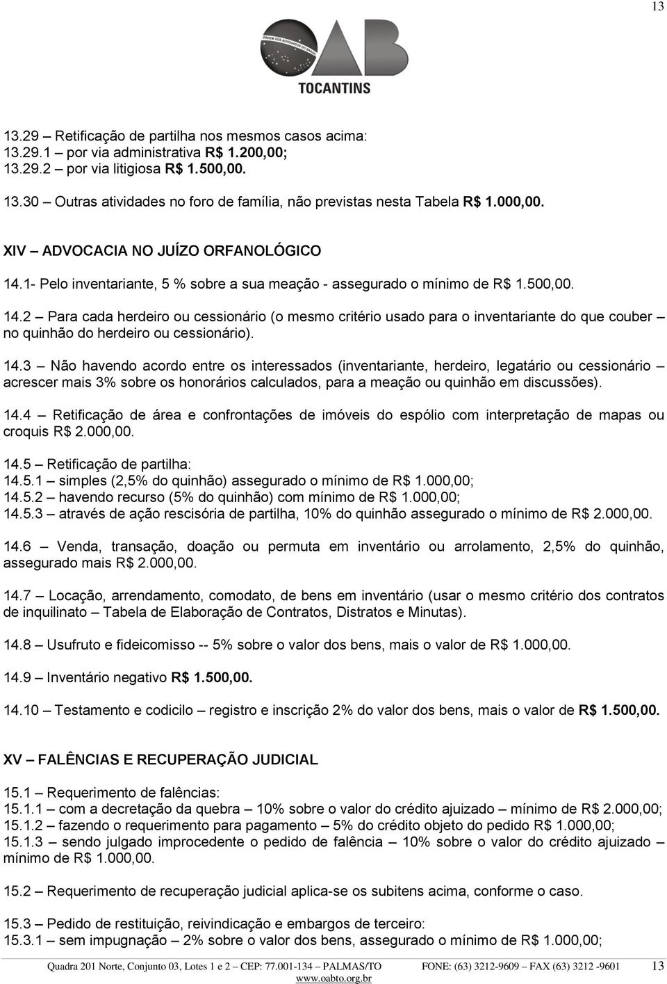 14.3 Não havendo acordo entre os interessados (inventariante, herdeiro, legatário ou cessionário acrescer mais 3% sobre os honorários calculados, para a meação ou quinhão em discussões). 14.