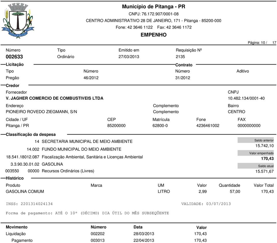 087 Fiscalização Ambiental, Sanitária e Licenças Ambiental 3.3.90.30.01.