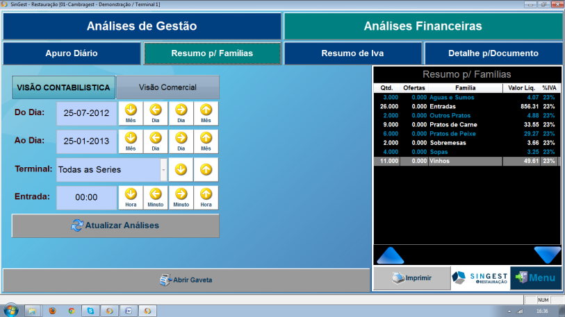 Gestão de caixa Este menu destina-se ao controlo do caixa permite verificar a quantia em caixa, o valor recebido por tipo de pagamento, fazer retiradas do caixa e organização de trocos para dia