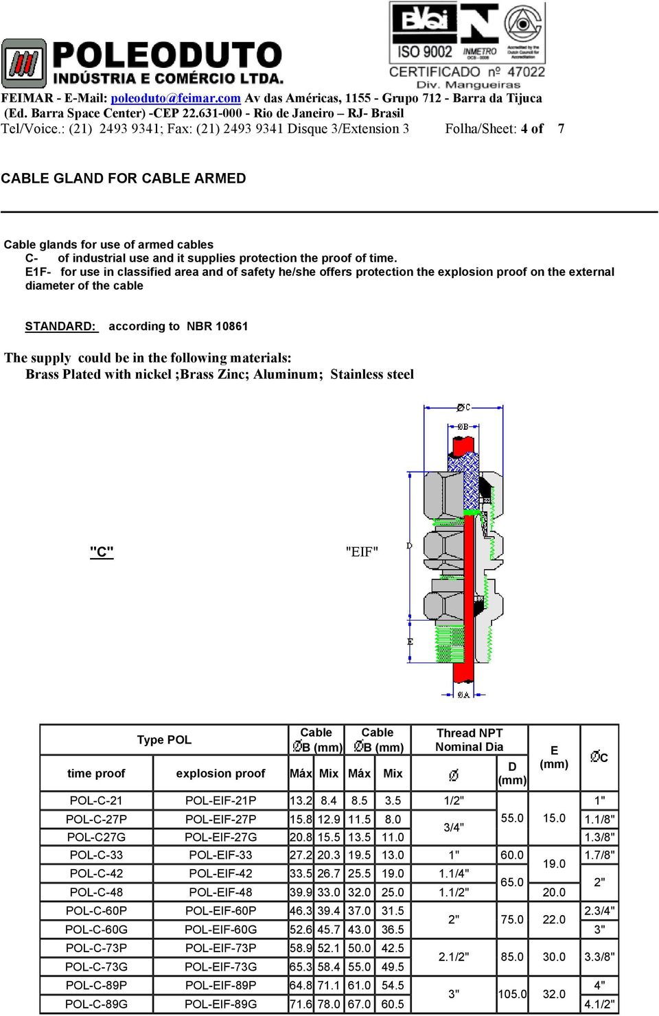 time. E1F- for use in classified area and of safety he/she offers protection the explosion proof on the external diameter of the cable STANDARD: according to NBR 10861 The supply could be in the