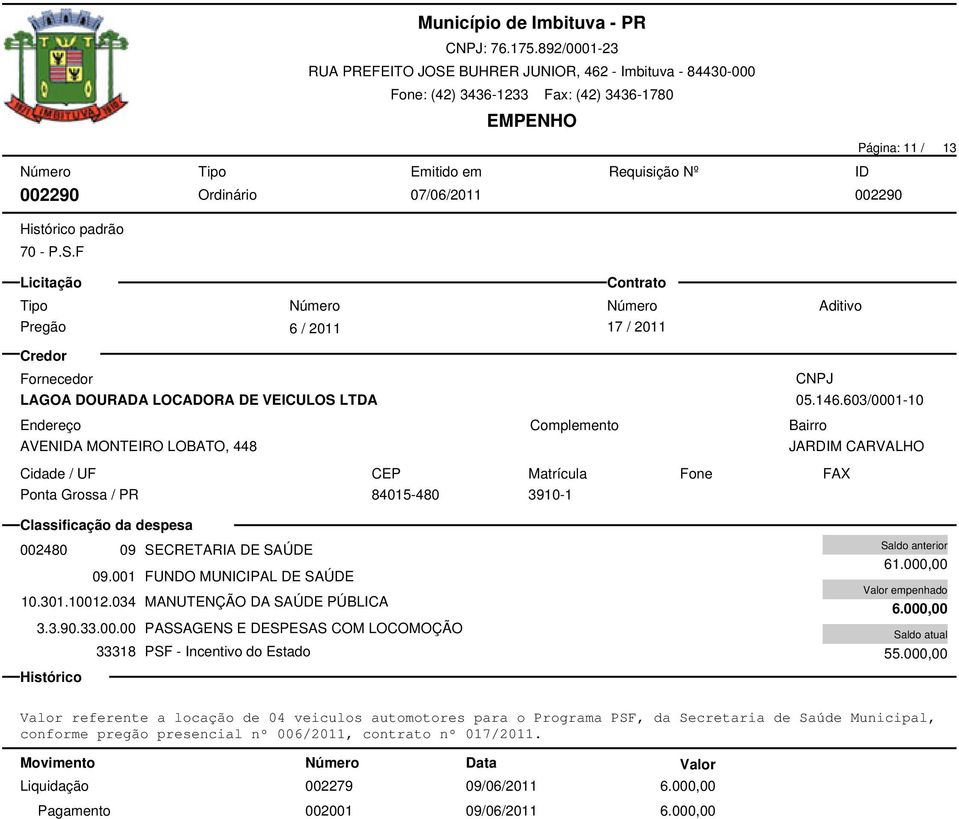 33.00.00 PASSAGENS E DESPESAS COM LOCOMOÇÃO 33318 PSF - Incentivo do Estado 61.000,00 6.000,00 55.