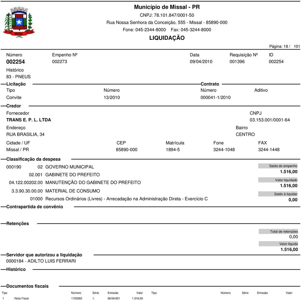 Página: 18 / 101 002254 03.153.001/0001-64 000190 02 GOVERNO MUNICIPAL 02.001 GABINETE DO PREFEITO 04.122.00202.