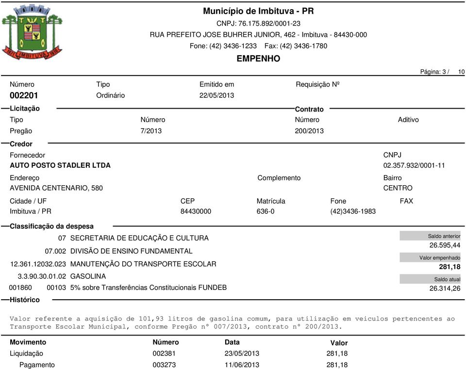 023 MANUTENÇÃO DO TRANSPORTE ESCOLAR 3.3.90.30.01.02 GASOLINA 001860 00103 5% sobre Transferências Constitucionais FUNDEB 26.595,44 281,18 26.