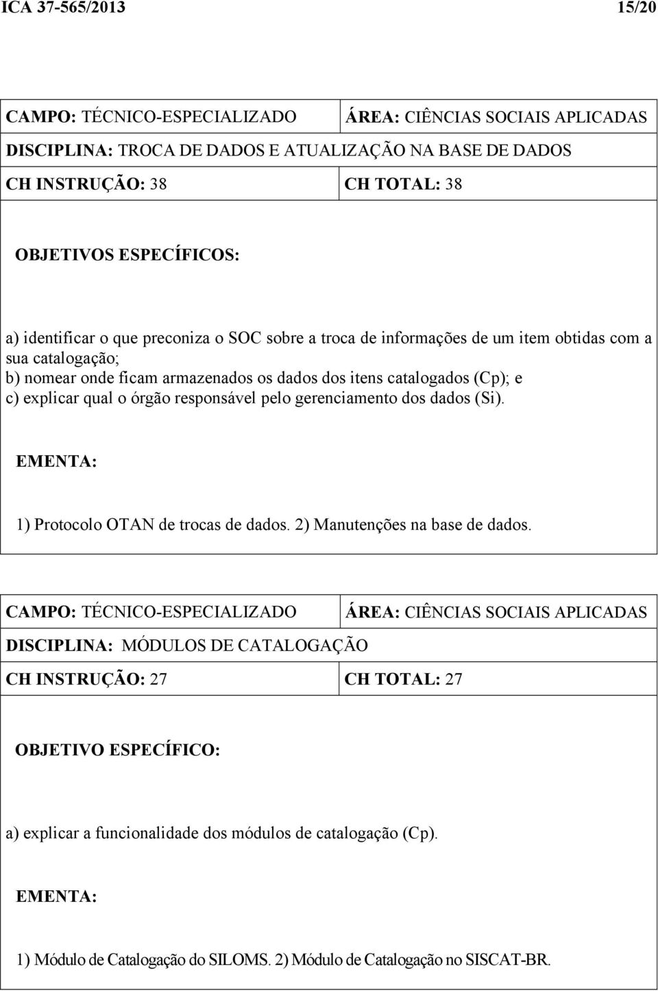 órgão responsável pelo gerenciamento dos dados (Si). EMENTA: 1) Protocolo OTAN de trocas de dados. 2) Manutenções na base de dados.