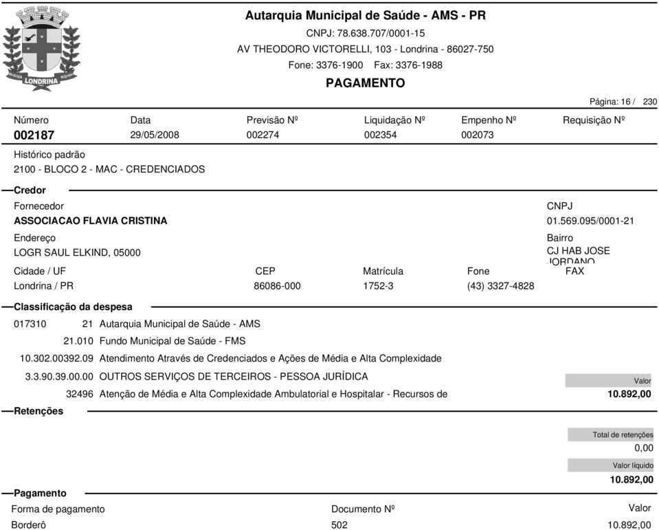 095/0001-21 017310 21 Autarquia Municipal de Saúde - AMS 10.302.00392.09 Atendimento Através de Credenciados e Ações de Média e Alta Complexidade 3.3.90.39.00.00 OUTROS SERVIÇOS DE TERCEIROS - PESSOA JURÍDICA 32496 Atenção de Média e Alta Complexidade Ambulatorial e Hospitalar - Recursos de 10.