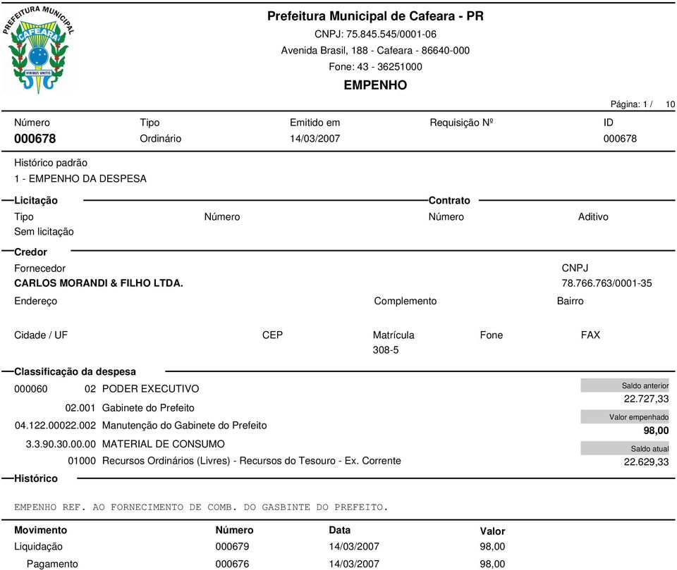 002 Manutenção do Gabinete do Prefeito 3.3.90.30.00.00 MATERIAL DE CONSUMO 22.727,33 98,00 22.629,33 REF.