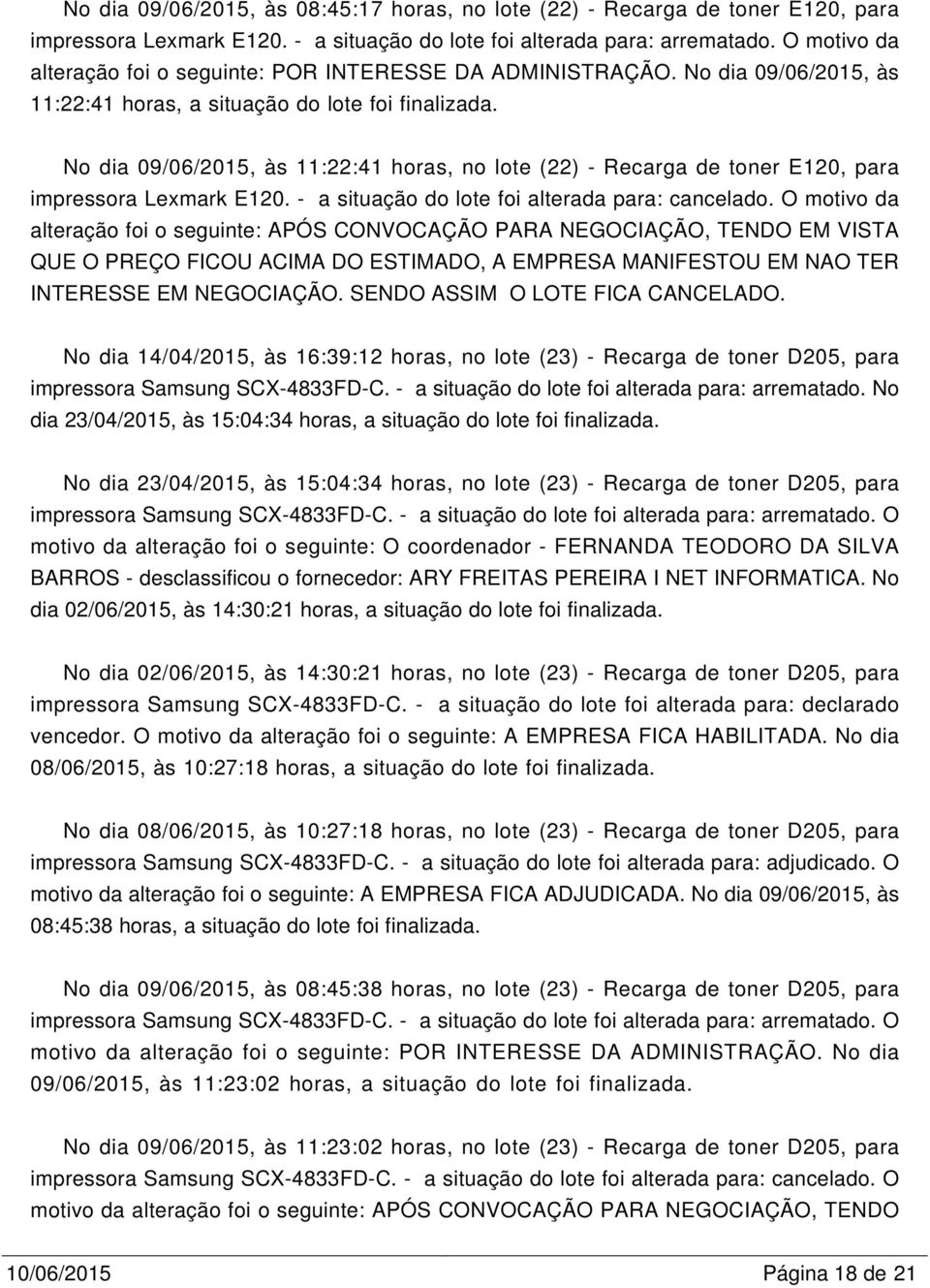 No dia 09/06/2015, às 11:22:41 horas, no lote (22) - Recarga de toner E120, para impressora Lexmark E120. - a situação do lote foi alterada para: cancelado.