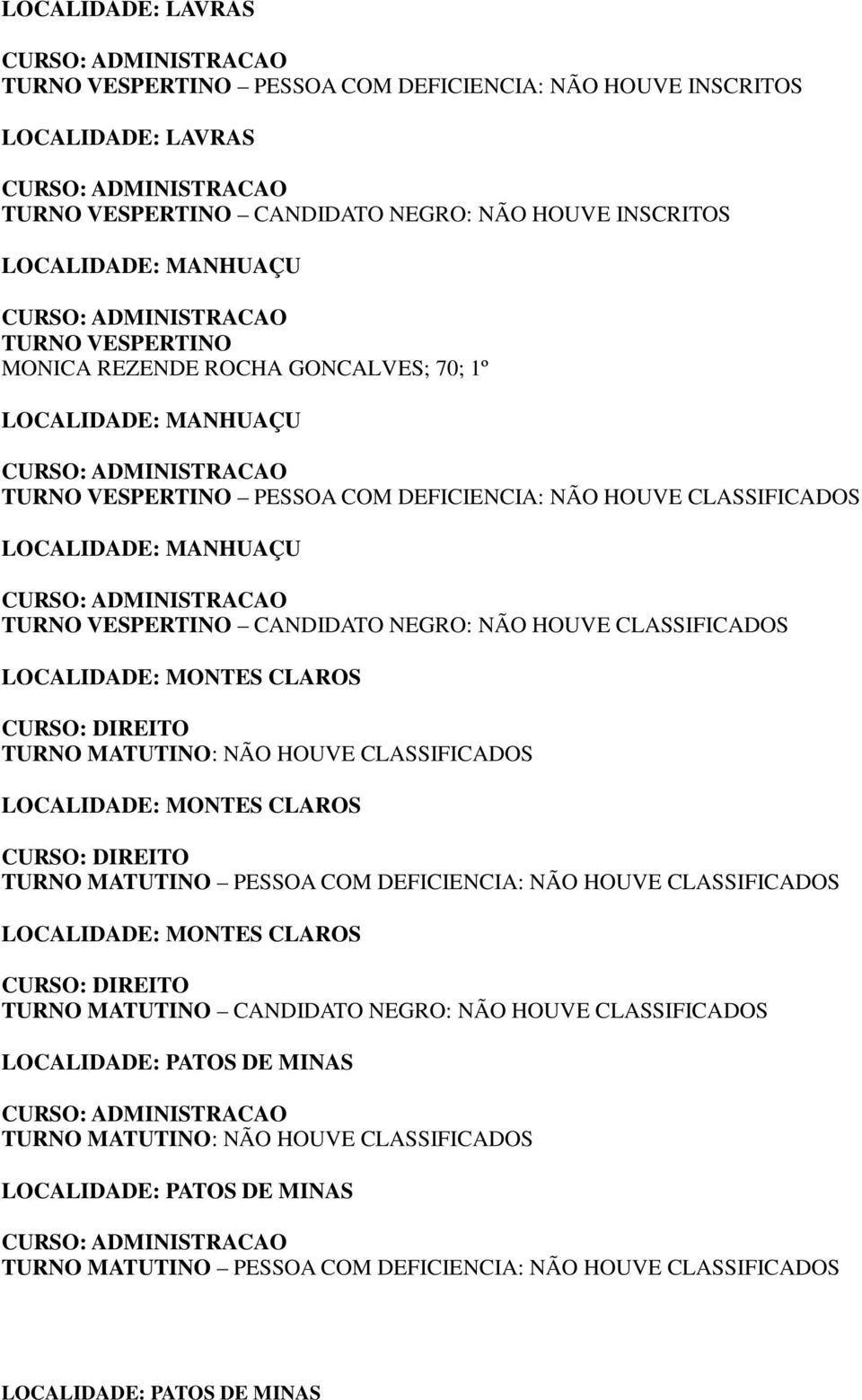 HOUVE CLASSIFICADOS LOCALIDADE: MONTES CLAROS NÃO HOUVE CLASSIFICADOS LOCALIDADE: MONTES CLAROS LOCALIDADE: