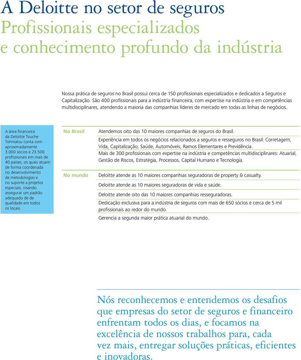 São 400 profissionais para a indústria financeira, com expertise na indústria e em competências multidisciplinares, atendendo a maioria das companhias líderes de mercado em todas as linhas de