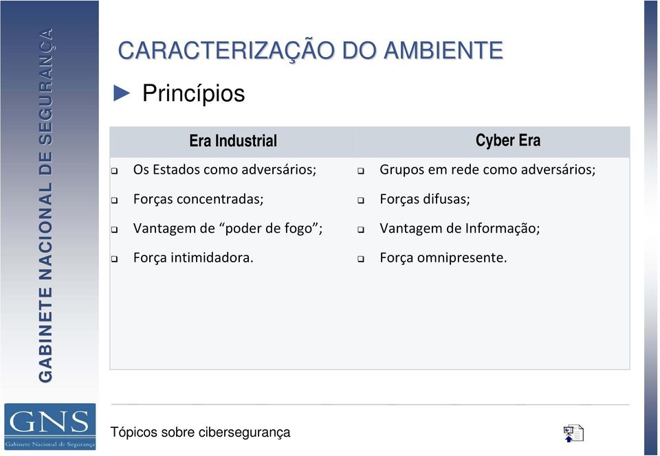 difusas; Vantagem de poder de fogo ; Vantagem de Informação; Força intimidadora.