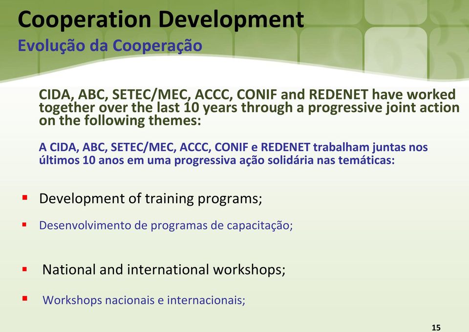 REDENET trabalham juntas nos últimos 10 anos em uma progressiva ação solidária nas temáticas: Development of training