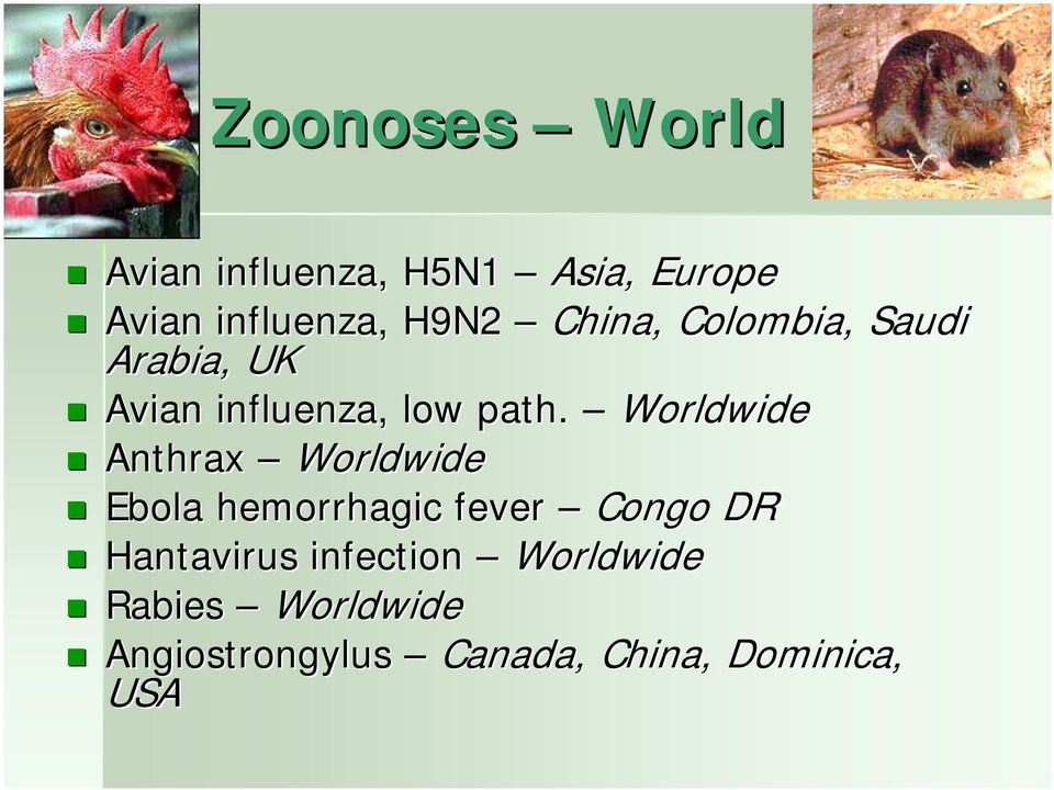 Worldwide Anthrax Worldwide Ebola hemorrhagic fever Congo DR Hantavirus
