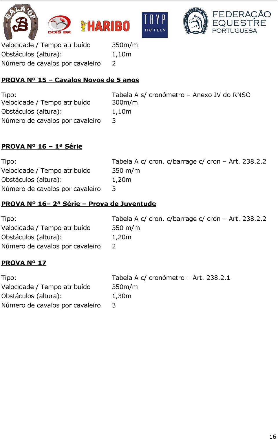 8.2.2 Velocidade / Tempo atribuído 350 m/m Obstáculos (altura): 1,20m PROVA Nº 16 2ª Série Prova de Juventude Tipo: Tabela A c/ cron.