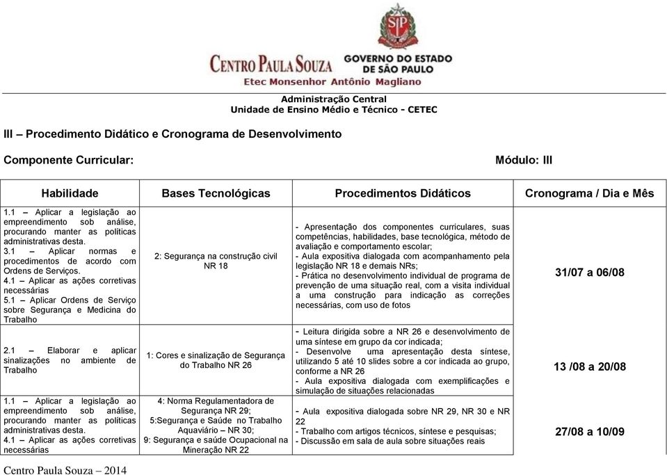 1 Aplicar Ordens de Serviço sobre Segurança e Medicina do Trabalho 2.1 Elaborar e aplicar sinalizações no ambiente de Trabalho 1.1 Aplicar a legislação ao administrativas desta.